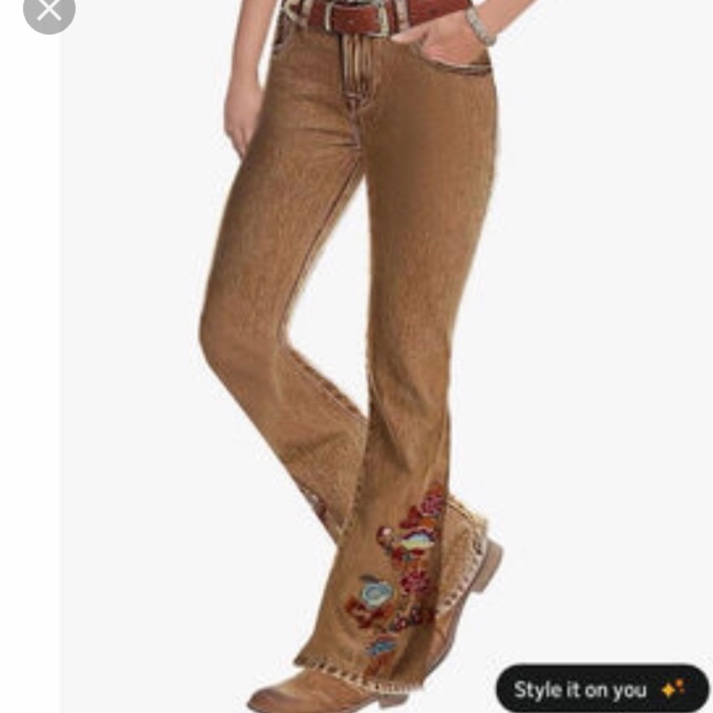 New Flamingals Tan Jeans with Floral Embroidery Western Cowgirl XL